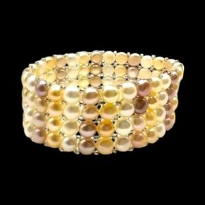 Freshwater Cultured Natural Button Pearl & Silver Bead Stretch Bracelet (6mm)
